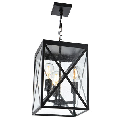 Large Outdoor Pendant Light, Black Exterior Ceiling Porch Light with Seeded Glass Panel, Outdoor Chandelier Hanging Lantern for Garage Entryway Patio Front Door