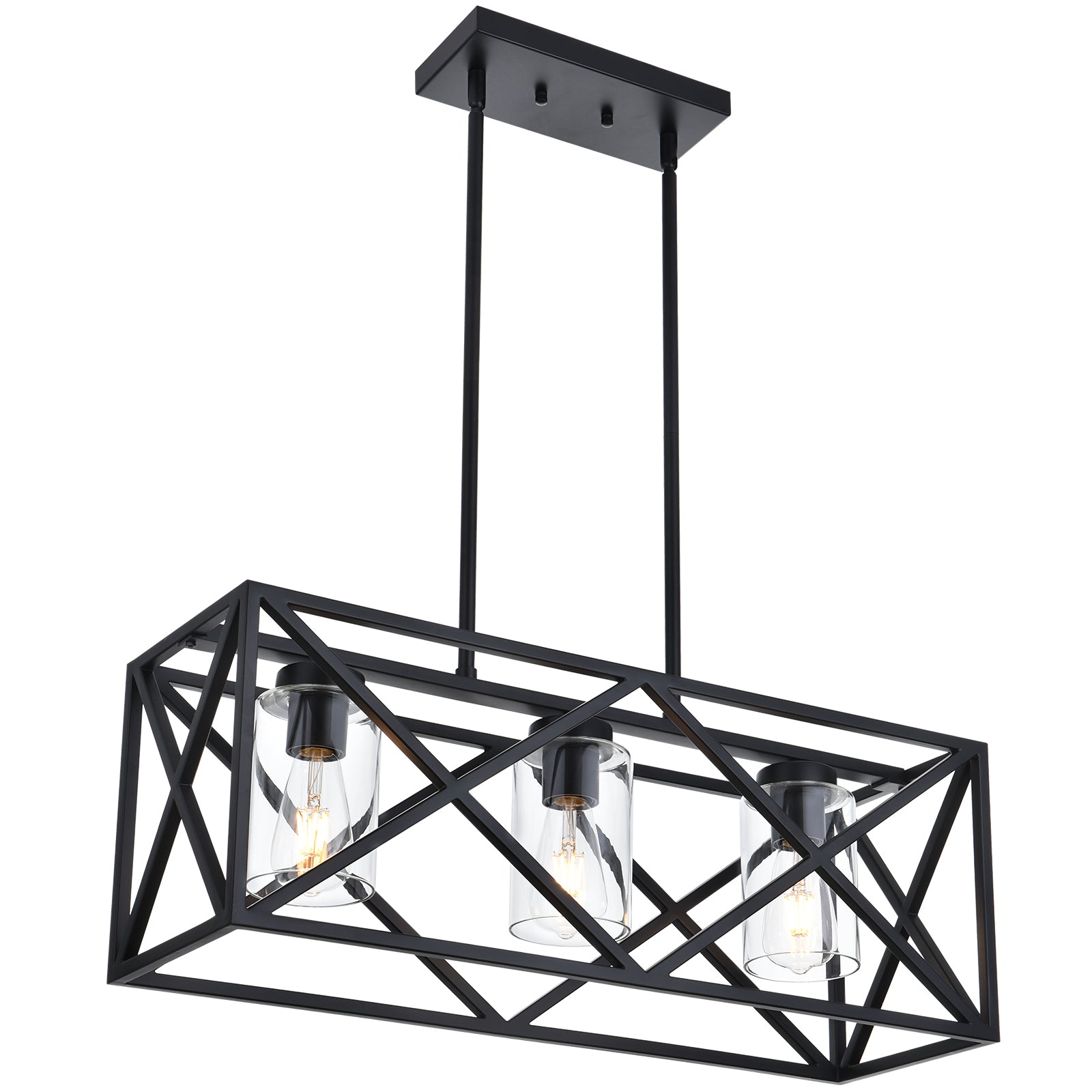 3-Lights Black Kitchen Island Pendant Lighting, Contemporary Dining Room Chandelier with Clear Glass Shades for Overtable Living Room