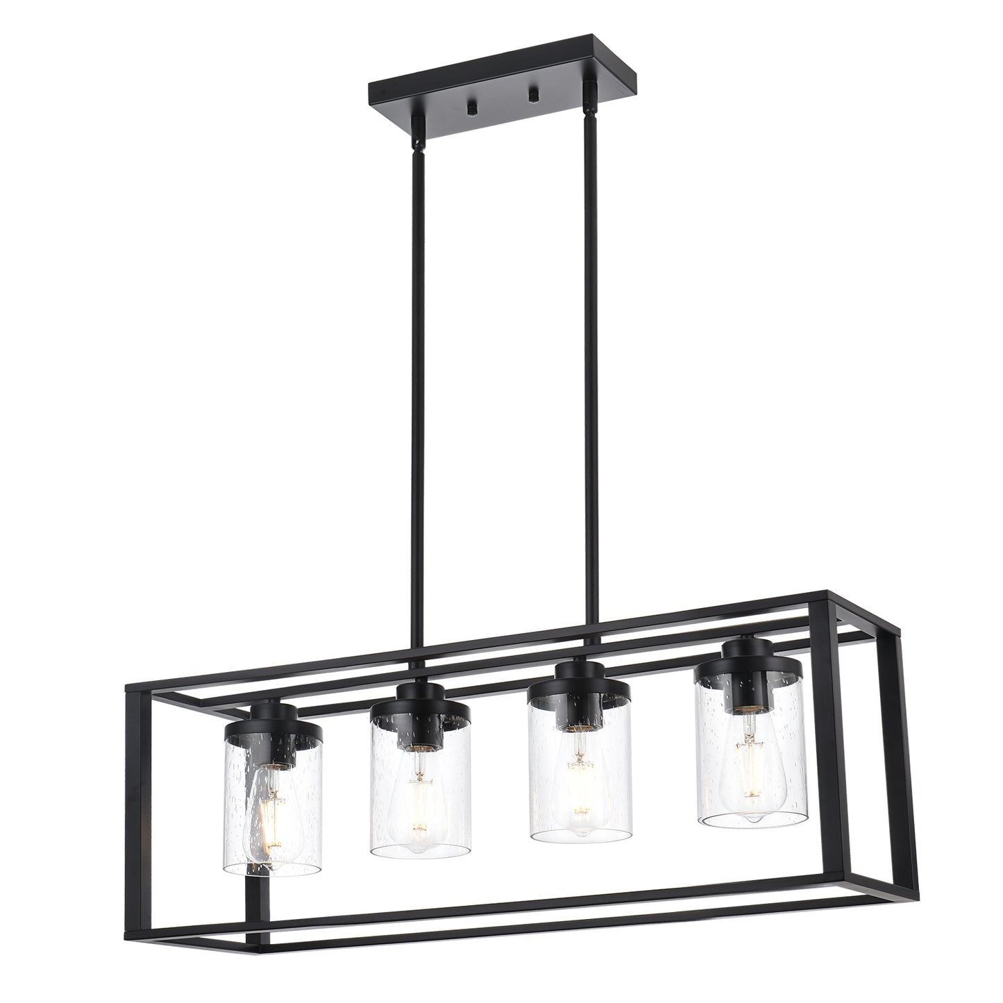 Dining Room Chandelier Lighting Fixtures with Seeded Glass, Linear Pendant Light in Matte Black Finish for Kitchen Island