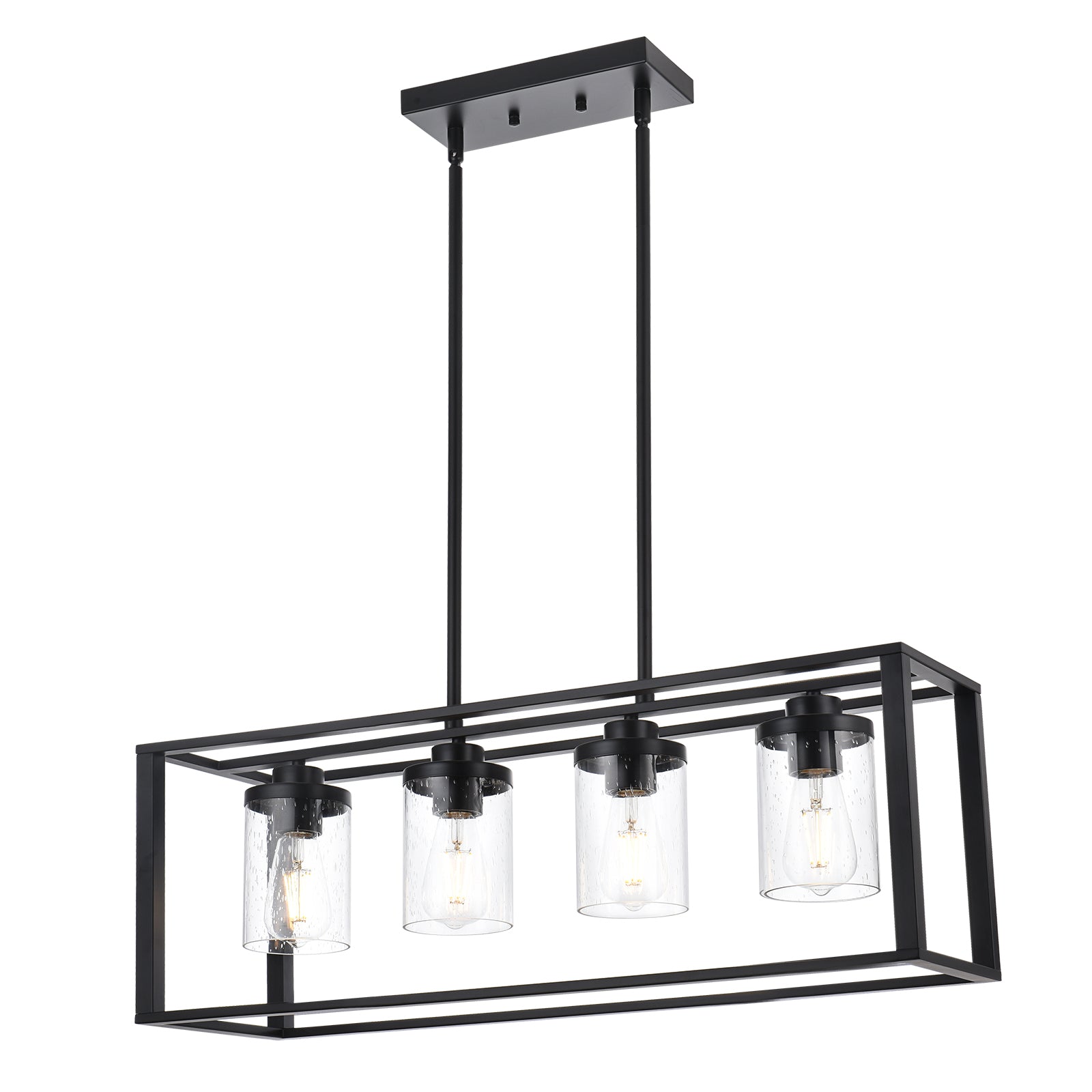 Dining Room Chandelier Lighting Fixtures with Seeded Glass, Linear Pendant Light in Matte Black Finish for Kitchen Island
