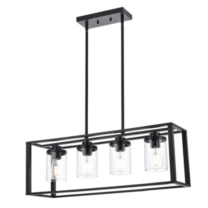 Dining Room Chandelier Lighting Fixtures with Seeded Glass, Linear Pendant Light in Matte Black Finish for Kitchen Island