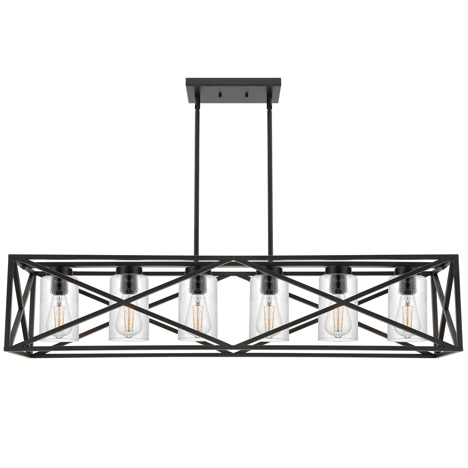 Black 6-Lights Dining Room Lighting Fixtures Hanging with Seeded Glass Lampshades, 45.3-Inches Length Industrial Kitchen Island Pendant Light Chandelier for Pool Table Living Room