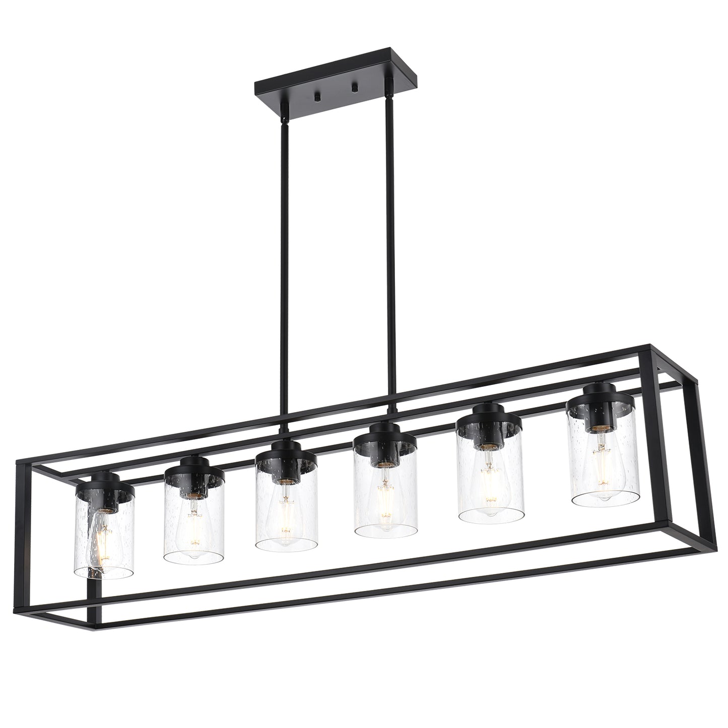 Dining Room Chandelier Lighting Fixtures with Seeded Glass, Linear Pendant Light in Matte Black Finish for Kitchen Island