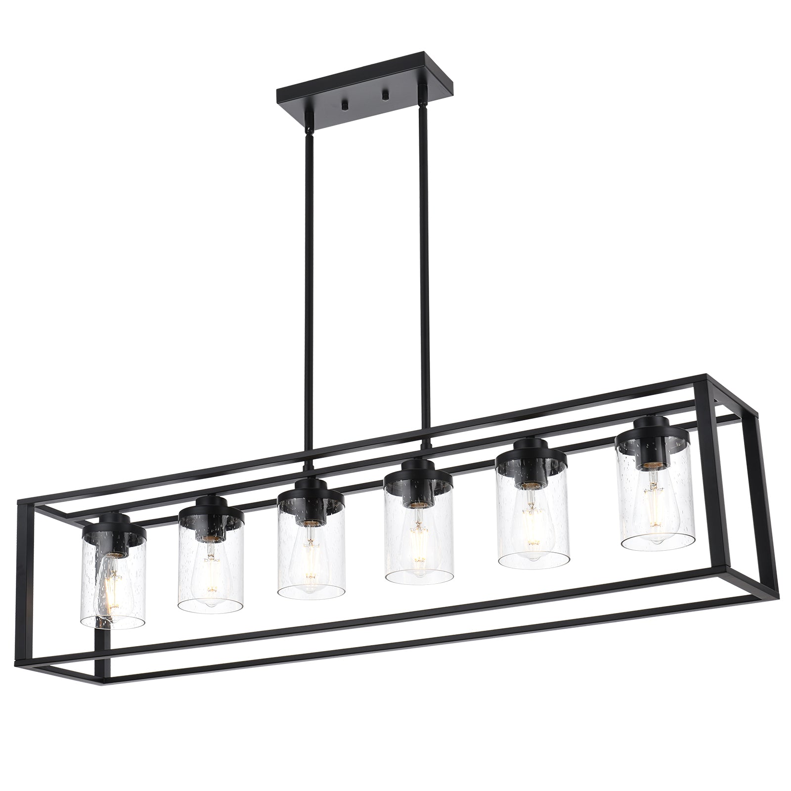 Dining Room Chandelier Lighting Fixtures with Seeded Glass, Linear Pendant Light in Matte Black Finish for Kitchen Island