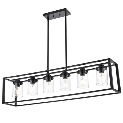 Dining Room Chandelier Lighting Fixtures with Seeded Glass, Linear Pendant Light in Matte Black Finish for Kitchen Island