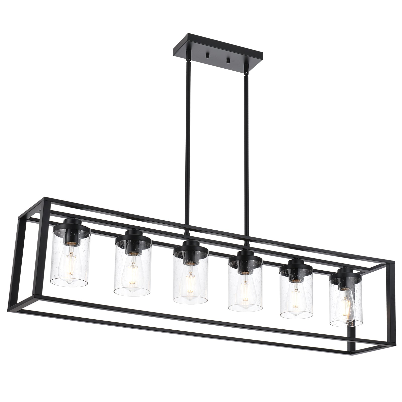 Dining Room Chandelier Lighting Fixtures with Seeded Glass, Linear Pendant Light in Matte Black Finish for Kitchen Island