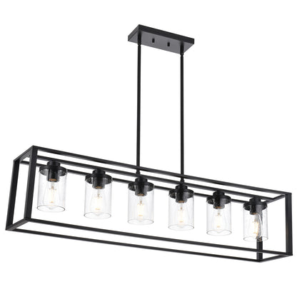 Dining Room Chandelier Lighting Fixtures with Seeded Glass, Linear Pendant Light in Matte Black Finish for Kitchen Island