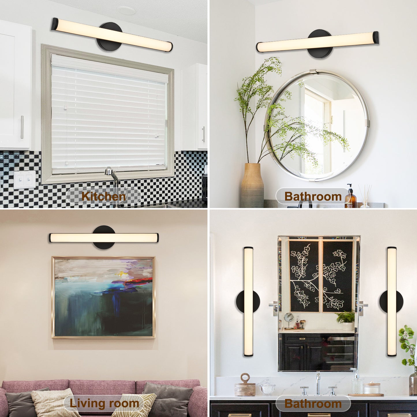 24-Inch Matte Black LED Vanity Light – 3000K Warm White, Frosted Acrylic Lampshade – Wall Mounted Bathroom Sconce for Mirror, Kitchen, Bedroom