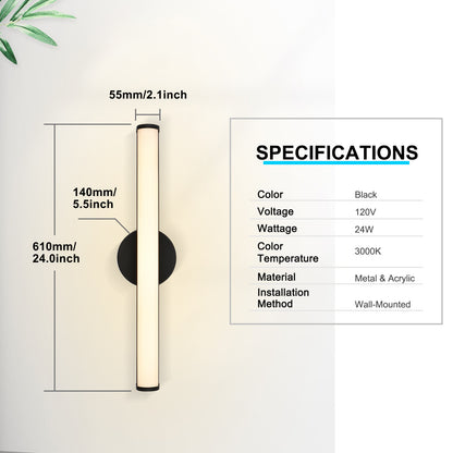 24-Inch Matte Black LED Vanity Light – 3000K Warm White, Frosted Acrylic Lampshade – Wall Mounted Bathroom Sconce for Mirror, Kitchen, Bedroom