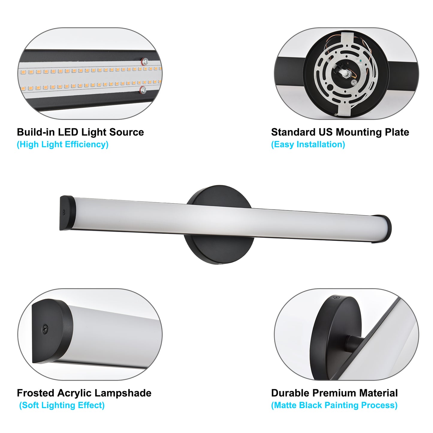 24-Inch Matte Black LED Vanity Light – 3000K Warm White, Frosted Acrylic Lampshade – Wall Mounted Bathroom Sconce for Mirror, Kitchen, Bedroom