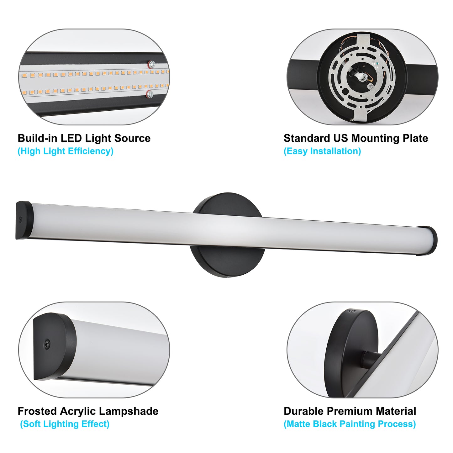 30-Inch Matte Black LED Vanity Light – 3000K Warm White, Frosted Acrylic Lampshade – Wall Mounted Bathroom Sconce for Mirror, Kitchen, Bedroom