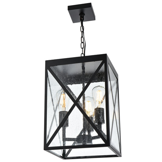 Large Outdoor Pendant Light, Black Exterior Ceiling Porch Light with Seeded Glass Panel, Outdoor Chandelier Hanging Lantern for Garage Entryway Patio Front Door