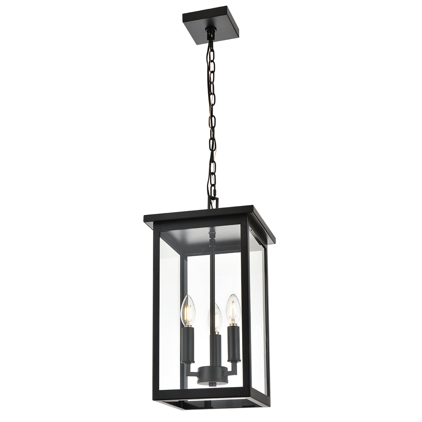 Black Outdoor Pendant Lanern, E12 Candle Chandelier 3-Lights Large Exterior Hanging Light Fixture with Clear Glass Height Adjustable for Indoor Entryway Porch