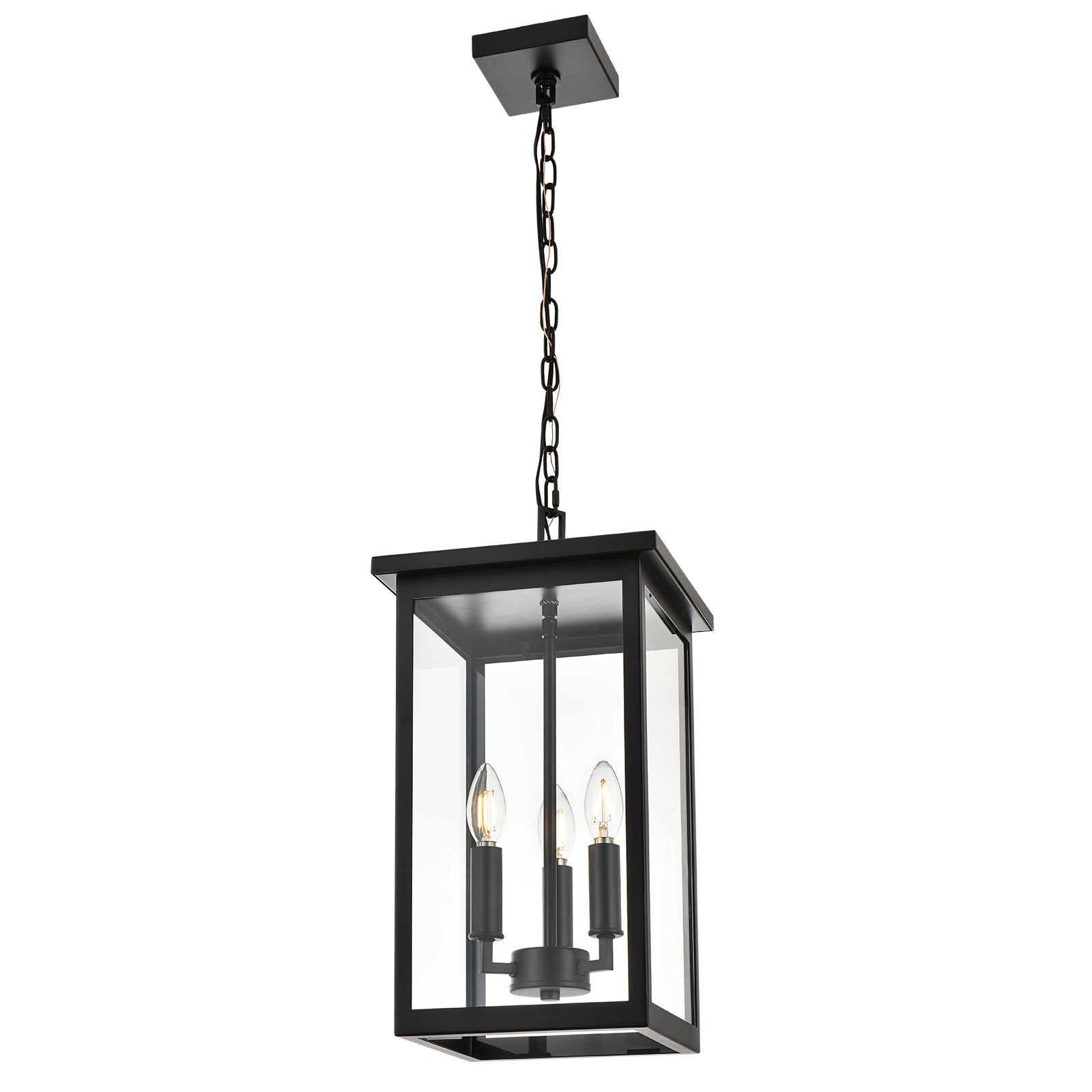 Black Outdoor Pendant Lanern, E12 Candle Chandelier 3-Lights Large Exterior Hanging Light Fixture with Clear Glass Height Adjustable for Indoor Entryway Porch