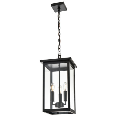 Black Outdoor Pendant Lanern, E12 Candle Chandelier 3-Lights Large Exterior Hanging Light Fixture with Clear Glass Height Adjustable for Indoor Entryway Porch