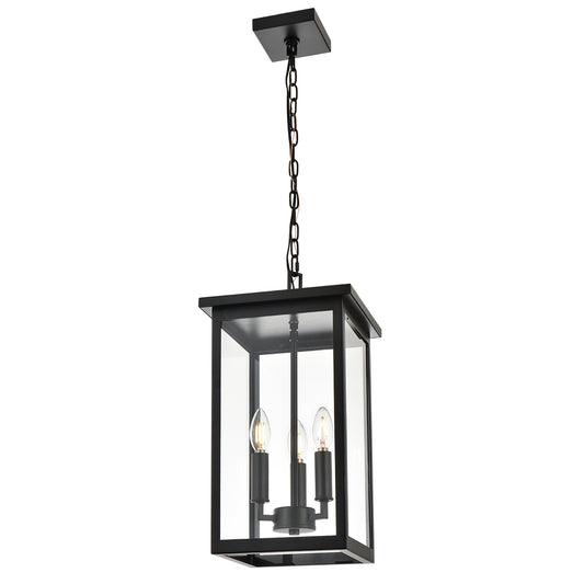 Black Outdoor Pendant Lanern, E12 Candle Chandelier 3-Lights Large Exterior Hanging Light Fixture with Clear Glass Height Adjustable for Indoor Entryway Porch