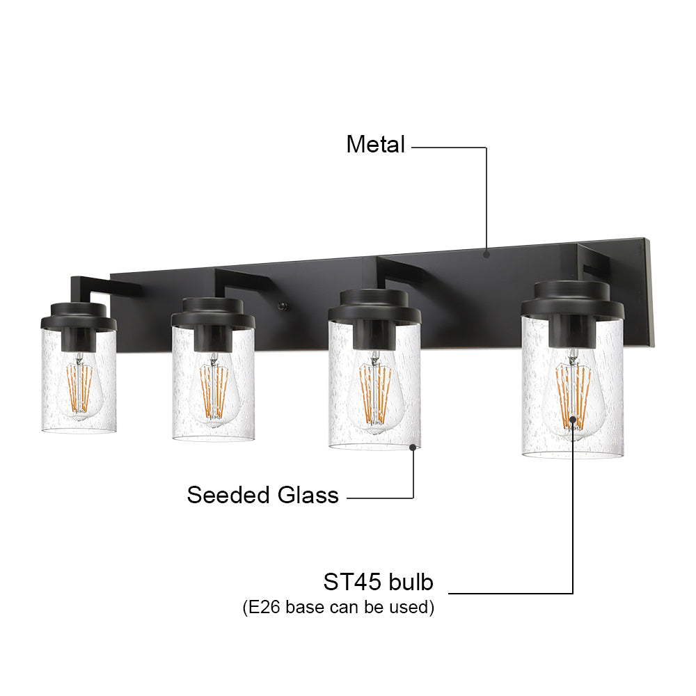 Bathroom Vanity Light, 4-Light Modern Wall Mount Light Fixture Black, Farmhouse Bath Lighting Over Mirror with Seeded Glass Shade for Powder Room Living Room Kitchen, 31.0 Inches Length