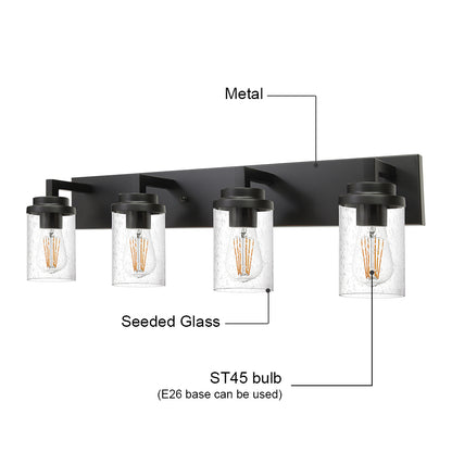 Bathroom Vanity Light, 4-Light Modern Wall Mount Light Fixture Black, Farmhouse Bath Lighting Over Mirror with Seeded Glass Shade for Powder Room Living Room Kitchen, 31.0 Inches Length