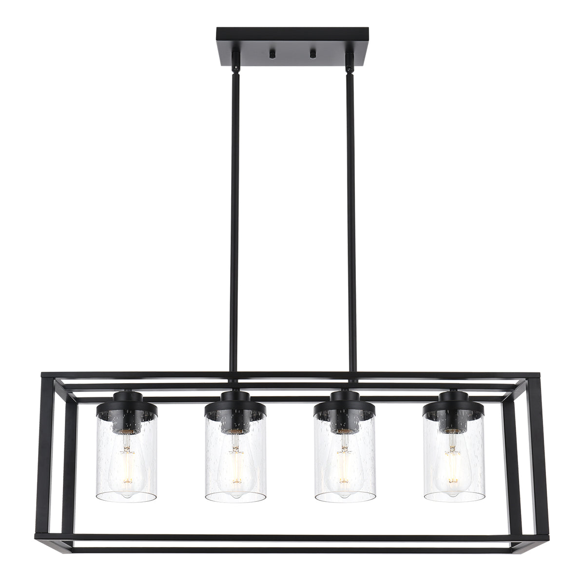 Dining Room Chandelier Lighting Fixtures with Seeded Glass, Linear Pendant Light in Matte Black Finish for Kitchen Island