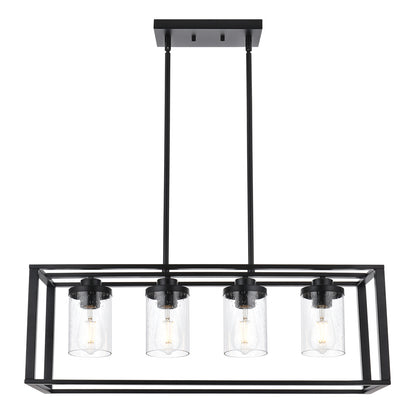 Dining Room Chandelier Lighting Fixtures with Seeded Glass, Linear Pendant Light in Matte Black Finish for Kitchen Island