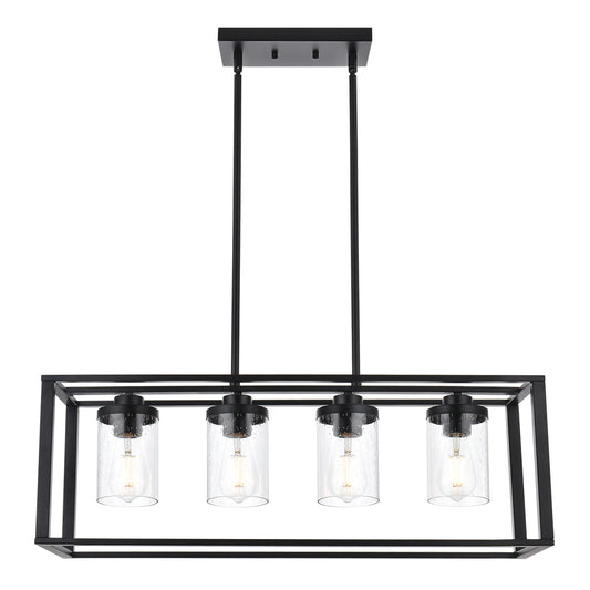 Dining Room Chandelier Lighting Fixtures with Seeded Glass, Linear Pendant Light in Matte Black Finish for Kitchen Island