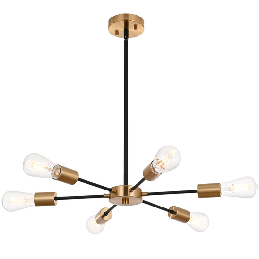 Modern Black Brass Sputnik Chandelier – 6-Light Adjustable Ceiling Fixture for Vaulted Ceilings E26 Bulb Base