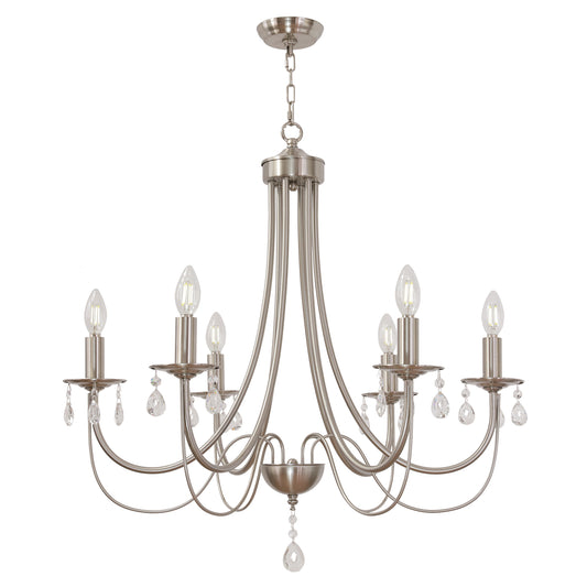 Brushed Nickel Chandeliers 6 Lights Crystal Chandelier Modern Candle Pendant Light Fixtures Elegant Ceiling Hanging Lights for Dining Room Living Room
