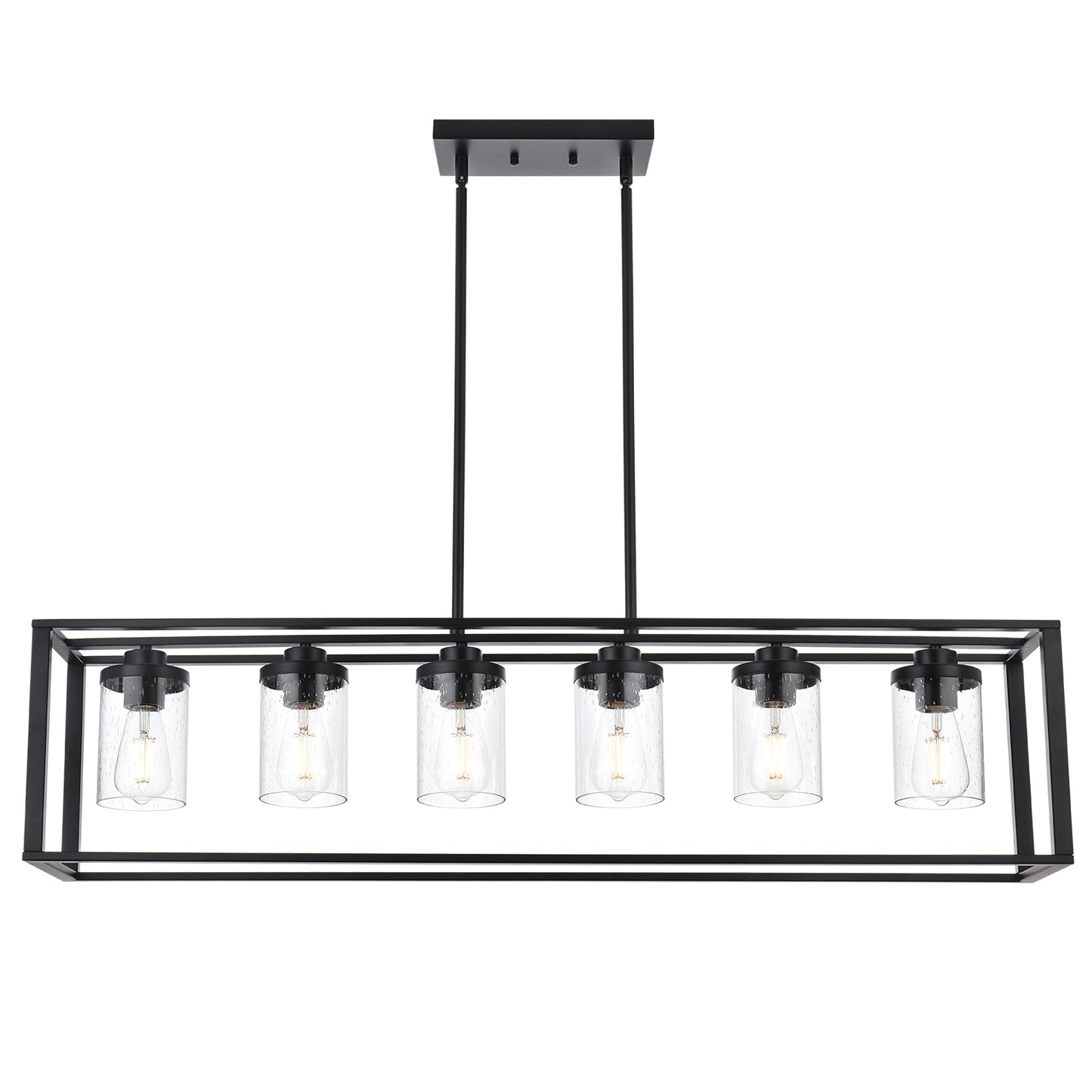 Dining Room Chandelier Lighting Fixtures with Seeded Glass, Linear Pendant Light in Matte Black Finish for Kitchen Island