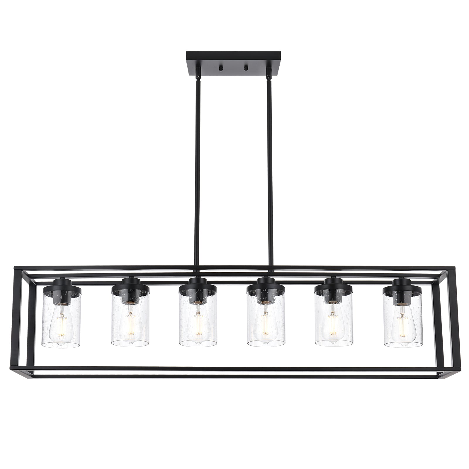 Dining Room Chandelier Lighting Fixtures with Seeded Glass, Linear Pendant Light in Matte Black Finish for Kitchen Island
