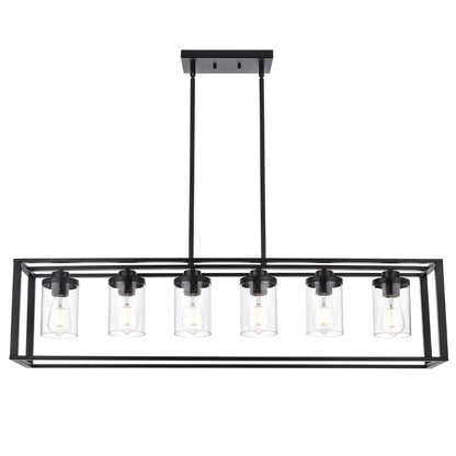Dining Room Chandelier Lighting Fixtures with Seeded Glass, Linear Pendant Light in Matte Black Finish for Kitchen Island