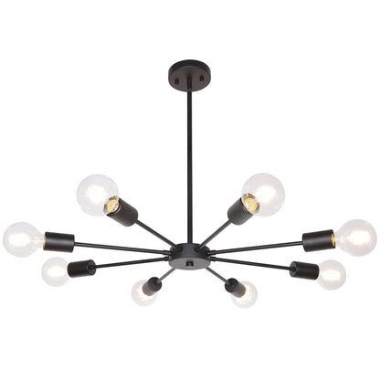 Mid-Century Sputnik Chandelier – Black Durable Metal Finish for Sloped Ceilings 8 Adjustable Lights