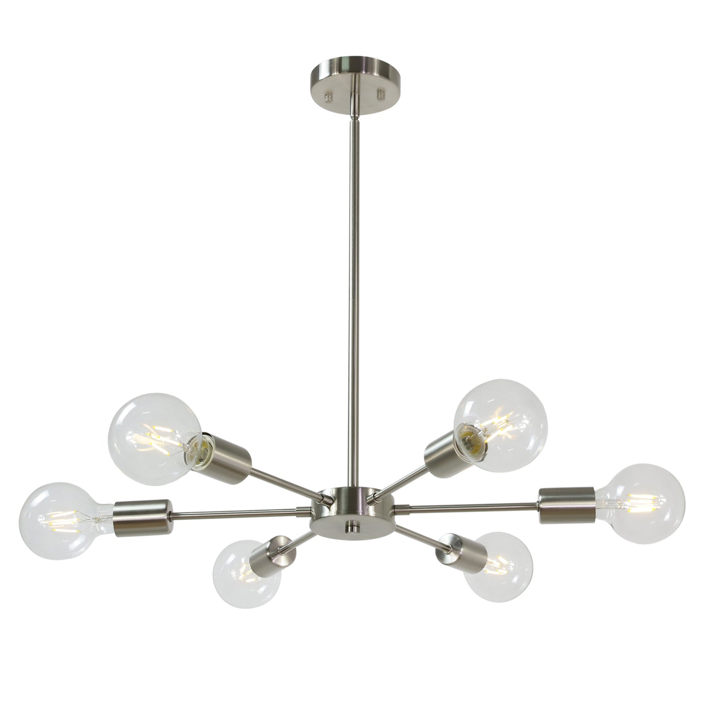 Modern Brushed Nickel Sputnik Chandelier – 6-Light Adjustable Ceiling Fixture for Vaulted Ceilings E26 Bulb Base