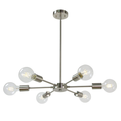 Modern Brushed Nickel Sputnik Chandelier – 6-Light Adjustable Ceiling Fixture for Vaulted Ceilings E26 Bulb Base