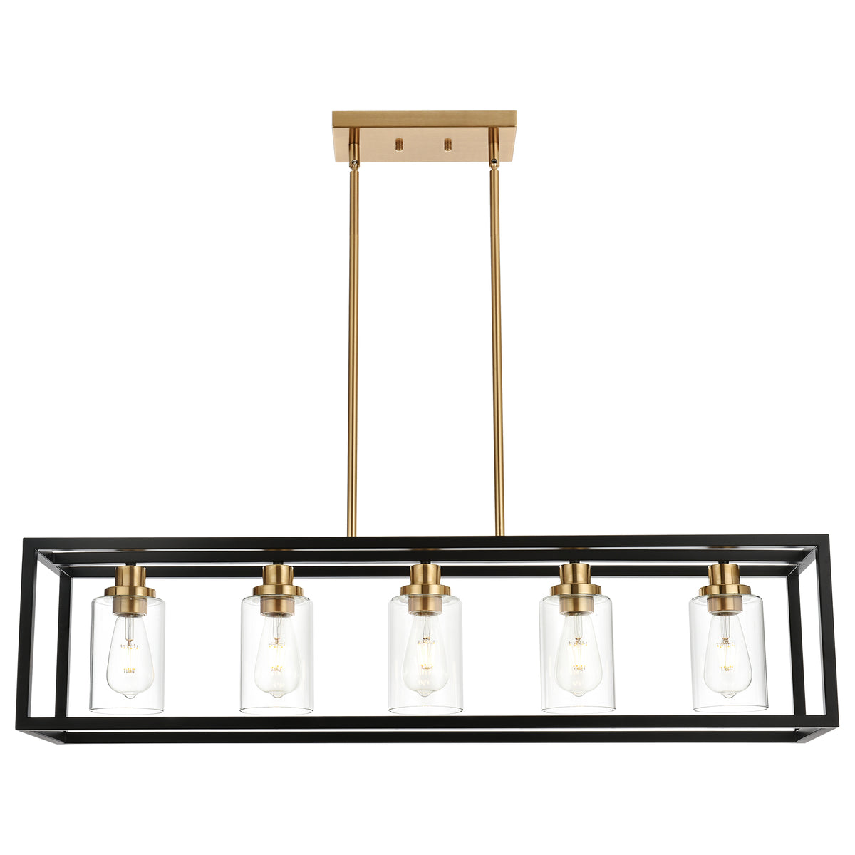 Black Chandeliers Rectangle 5 Lights Dining Room Lighting Fixtures Hanging Over Table, Kitchen Island Lighting Linear Pendant Light Ceiling with Clear Glass Shade and Brushed Brass Socket