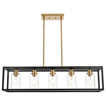 Black Chandeliers Rectangle 5 Lights Dining Room Lighting Fixtures Hanging Over Table, Kitchen Island Lighting Linear Pendant Light Ceiling with Clear Glass Shade and Brushed Brass Socket
