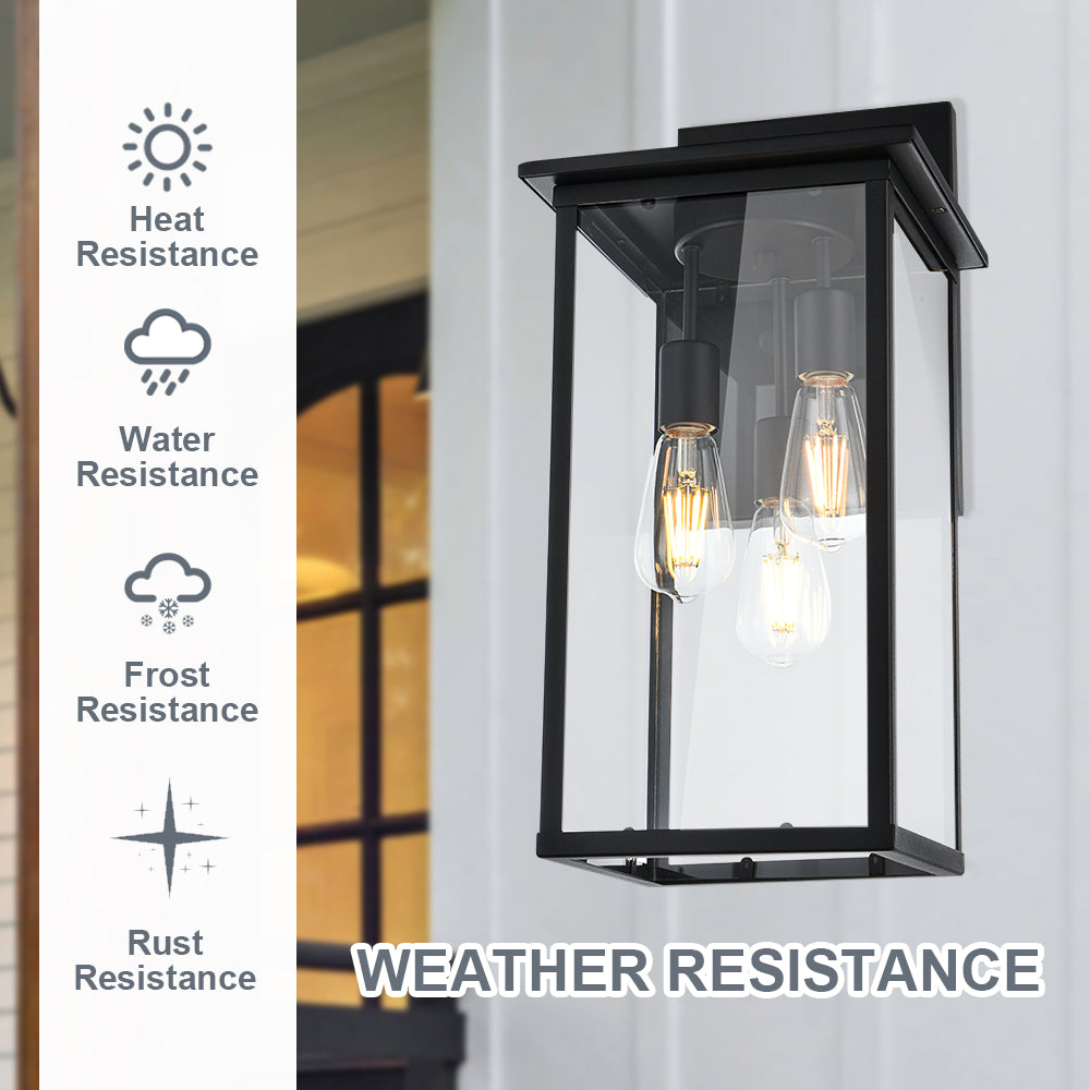 3-Lights Outdoor Wall Light Fixtures, Black Outdoor Wall Sconce Lantern Lighting with Clear Glass Shade, Exterior Wall Mount Lights for for Porch Garage Hallway