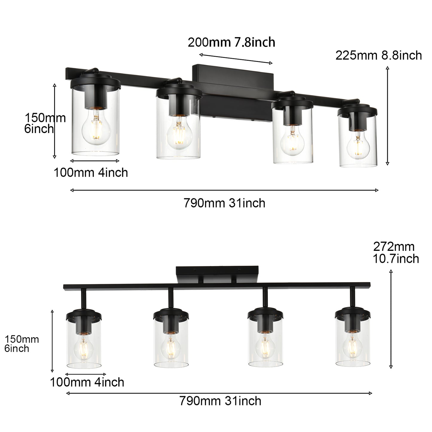 Black Adjustable Track Light Fixture – Modern 4-light Clear Glass Shade Vanity Track Lights with Flexible Heads Wall Mounted