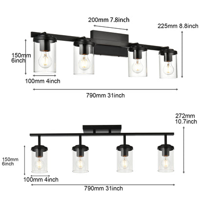 Black Adjustable Track Light Fixture – Modern 4-light Clear Glass Shade Vanity Track Lights with Flexible Heads Wall Mounted