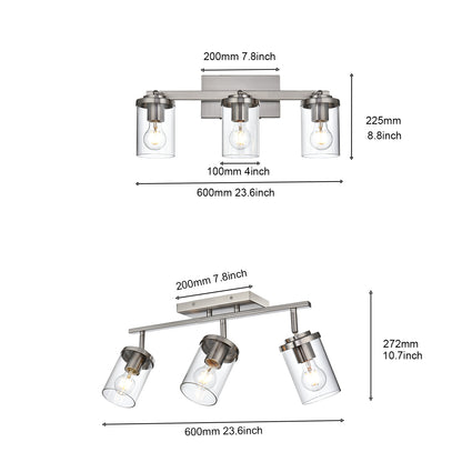 Brushed Nickel Adjustable Track Light Fixture – Modern 3-light Clear Glass Shade Vanity Track Lights with Flexible Heads Wall Mounted