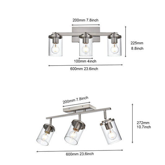 Brushed Nickel Adjustable Track Light Fixture – Modern 3-light Clear Glass Shade Vanity Track Lights with Flexible Heads Wall Mounted