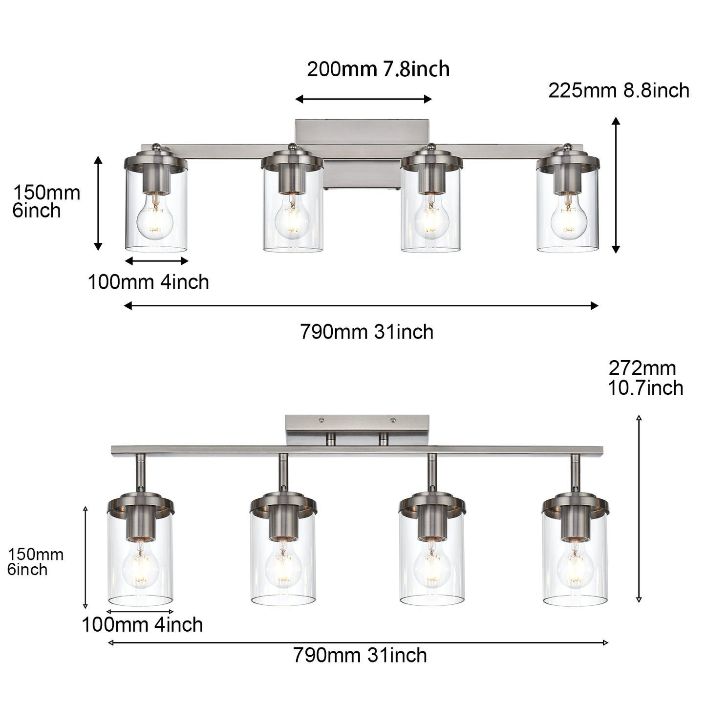 Brushed Nickel Adjustable Track Light Fixture – Modern 4-light Clear Glass Shade Vanity Track Lights with Flexible Heads Wall Mounted