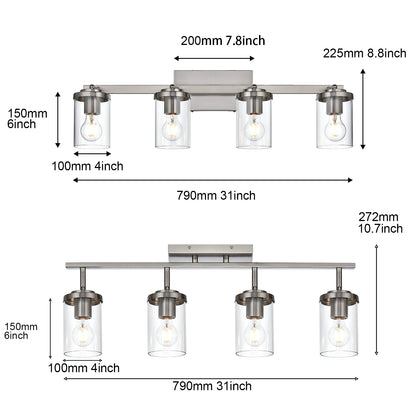 Brushed Nickel Adjustable Track Light Fixture – Modern 4-light Clear Glass Shade Vanity Track Lights with Flexible Heads Wall Mounted