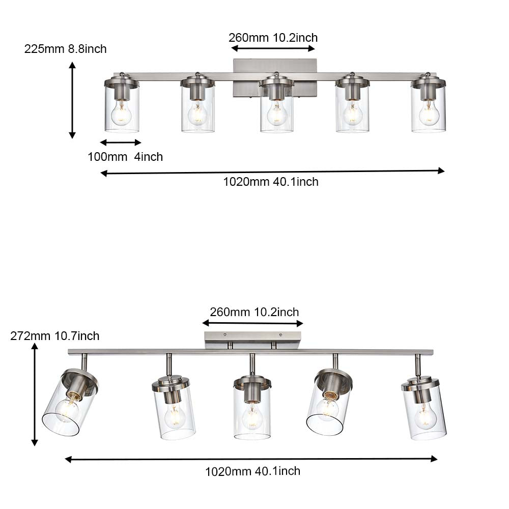 Brushed Nickel Adjustable Track Light Fixture – Modern 5-light Clear Glass Shade Vanity Track Lights with Flexible Heads Wall Mounted