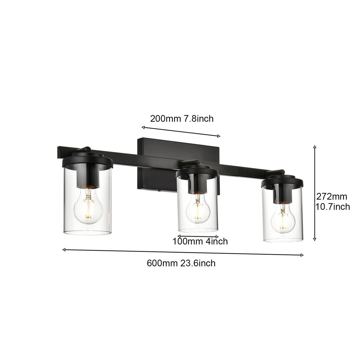 Black Adjustable Track Light Fixture – Modern 3-light Clear Glass Shade Vanity Track Lights with Flexible Heads Wall Mounted