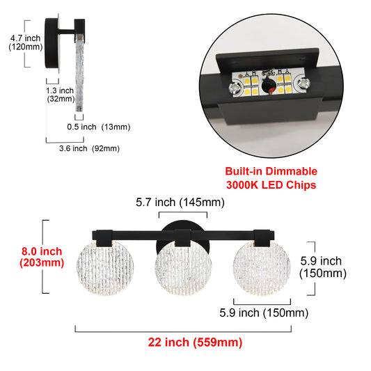 Integrated LED 3-lights Vanity Lights – Rustproof Stainless Steel & Shatterproof Acrylic Lampshade – Bathroom Mirror Lighting