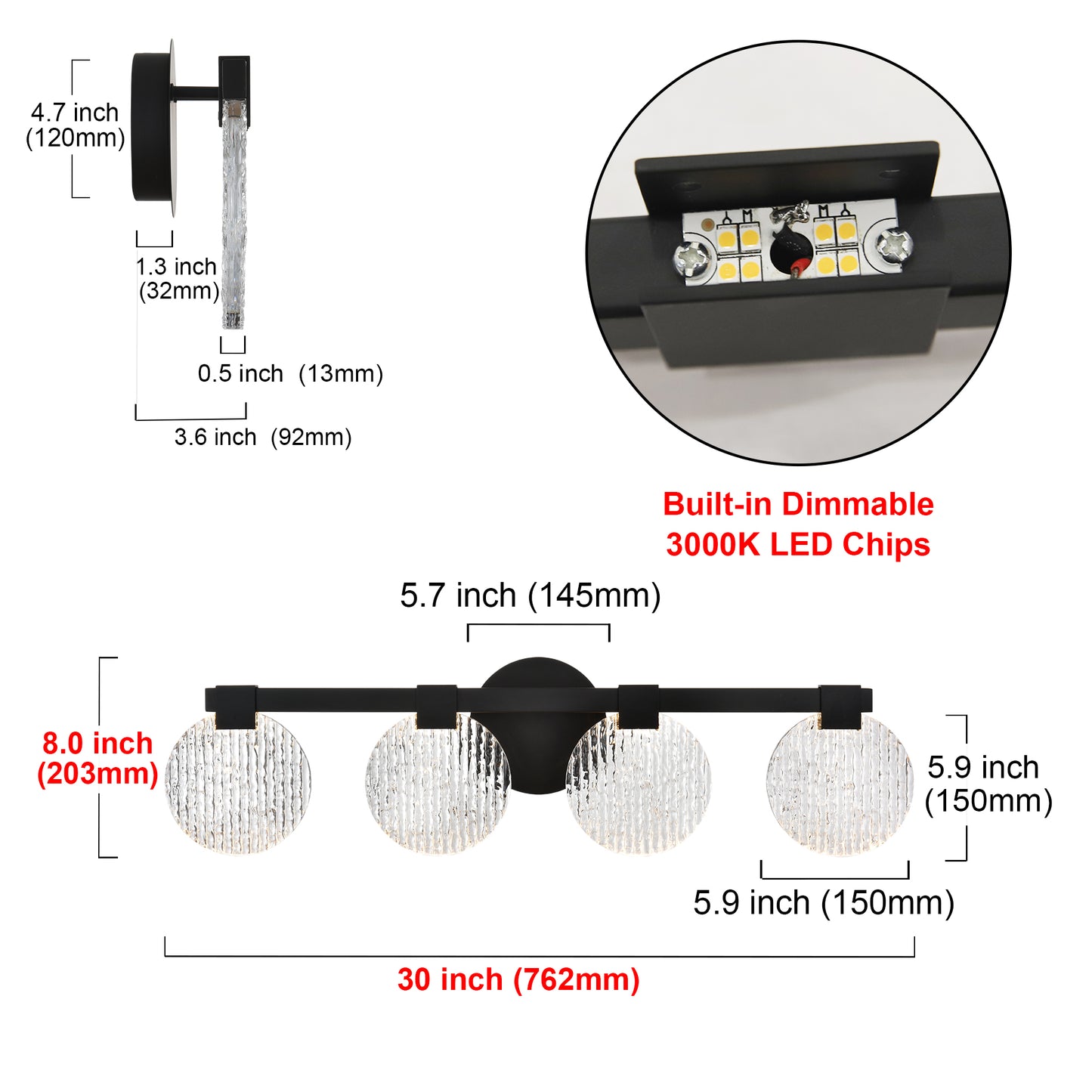 Integrated LED 4-lights Vanity Lights – Rustproof Stainless Steel & Shatterproof Acrylic Lampshade – Bathroom Mirror Lighting