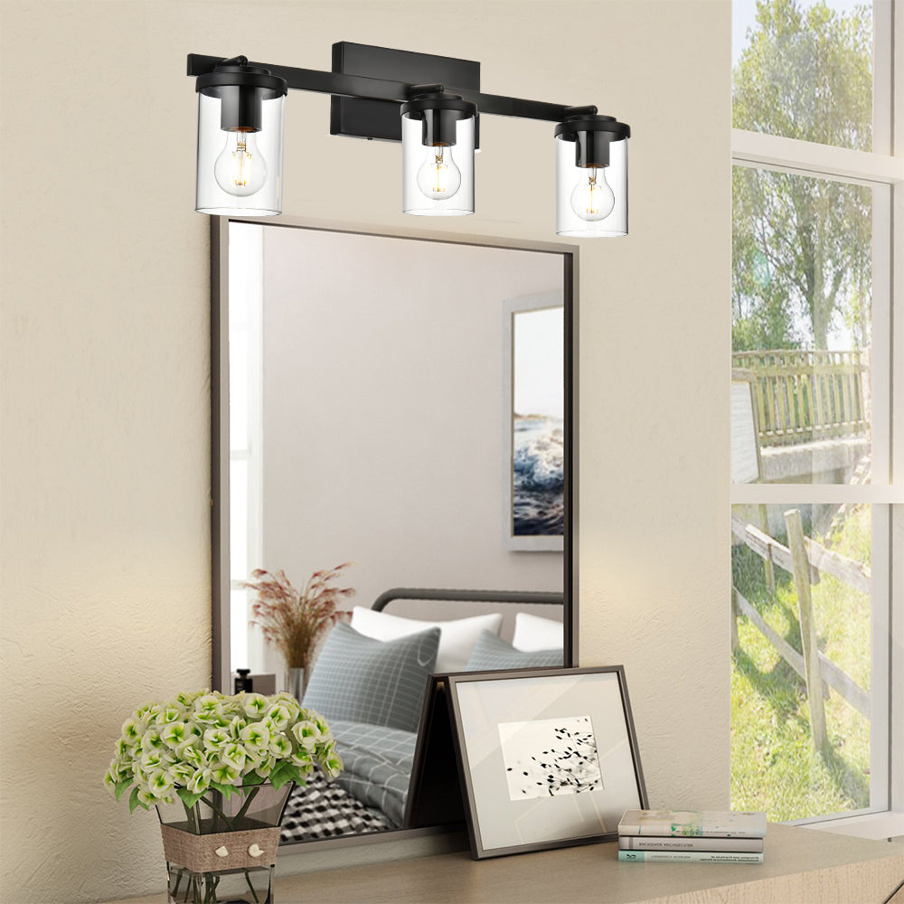 Black Adjustable Track Light Fixture – Modern 3-light Clear Glass Shade Vanity Track Lights with Flexible Heads Wall Mounted