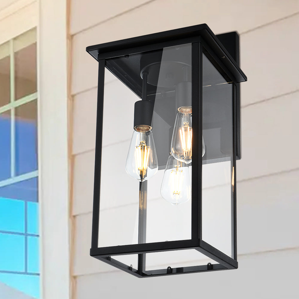 3-Lights Outdoor Wall Light Fixtures, Black Outdoor Wall Sconce Lantern Lighting with Clear Glass Shade, Exterior Wall Mount Lights for for Porch Garage Hallway