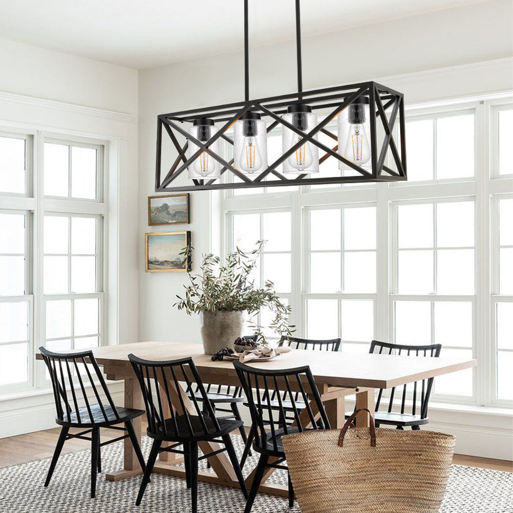 4-Lights Black Farmhouse Rectangle Chandelier Dining Room Light Fixtures, 30.4-Inches Length Contemporary Kitchen Island Pendant Lighting with Seeded Glass Lampshades