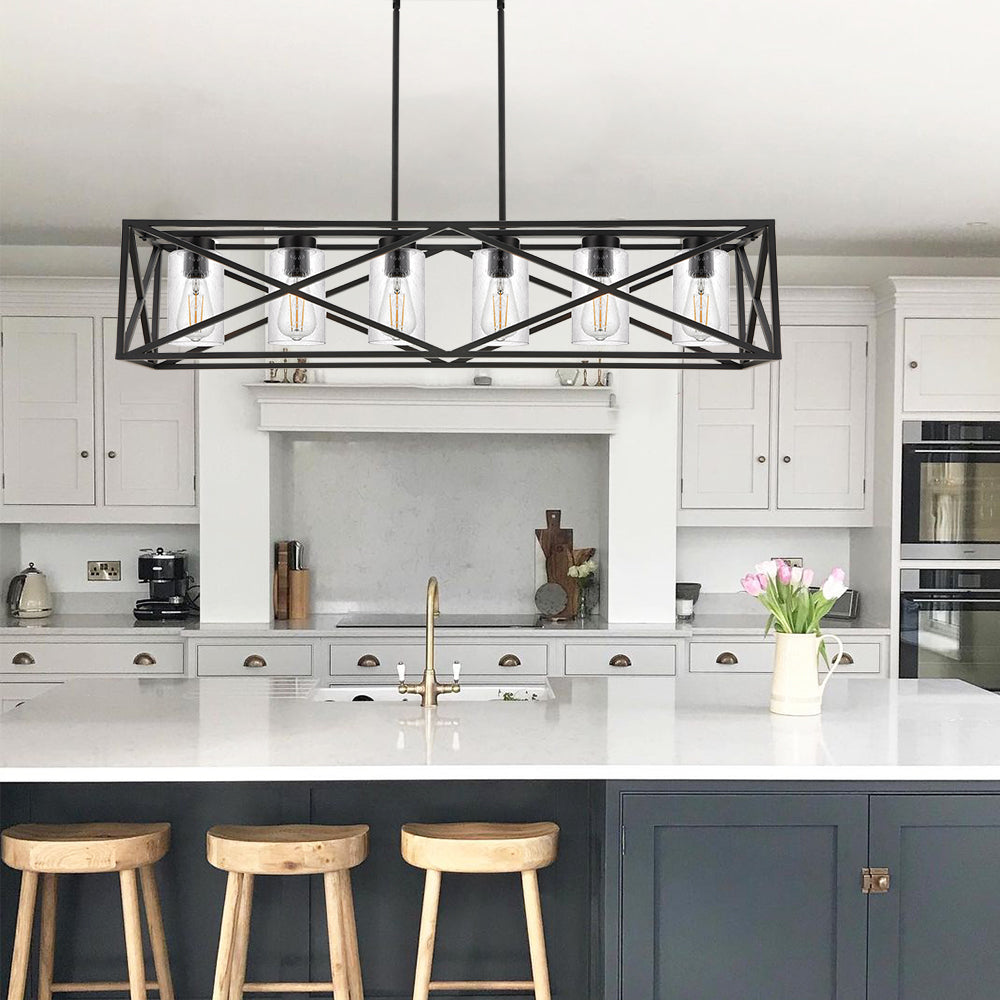 Black 6-Lights Dining Room Lighting Fixtures Hanging with Seeded Glass Lampshades, 45.3-Inches Length Industrial Kitchen Island Pendant Light Chandelier for Pool Table Living Room